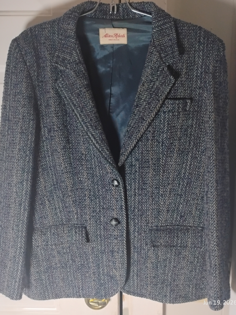 Women's Blue Herringbone Wool Blend Blazer